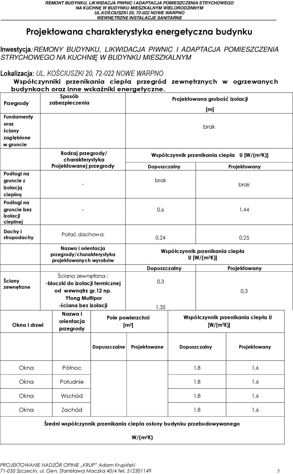 Przegrody Fundamenty oraz ściany zagłębione w gruncie Podłogi na gruncie z izolacją cieplną Sposób zabezpieczenia Rodzaj przegrody/ charakterystyka Projektowanej przegrody - Projektowana grubość