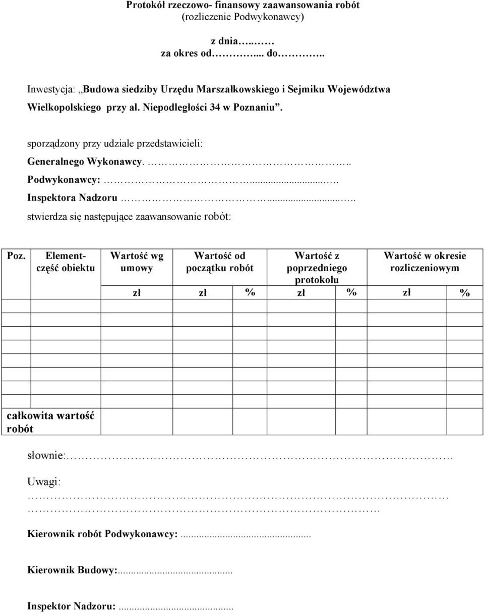 sporządzony przy udziale przedstawicieli: Generalnego Wykonawcy... Podwykonawcy:..... Inspektora Nadzoru..... stwierdza się następujące zaawansowanie robót: Poz.