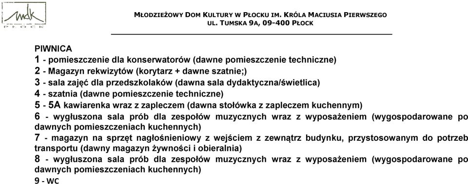 muzycznych wraz z wyposażeniem (wygospodarowane po dawnych pomieszczeniach kuchennych) 7 - magazyn na sprzęt nagłośnieniowy z wejściem z zewnątrz budynku, przystosowanym do