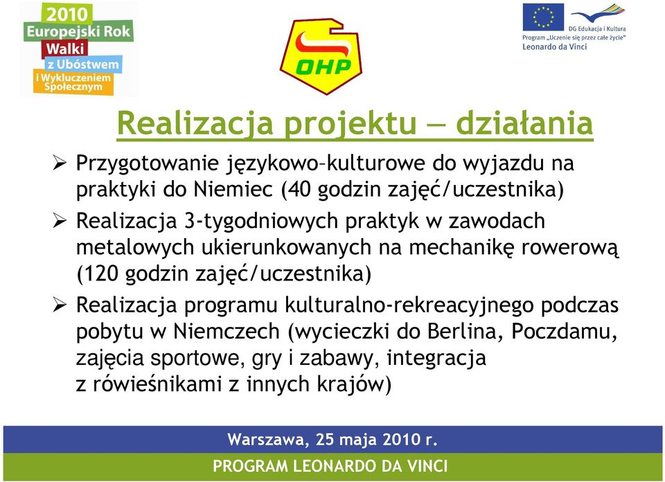 rowerową (120 godzin zajęć/uczestnika) Realizacja programu kulturalno-rekreacyjnego podczas pobytu w