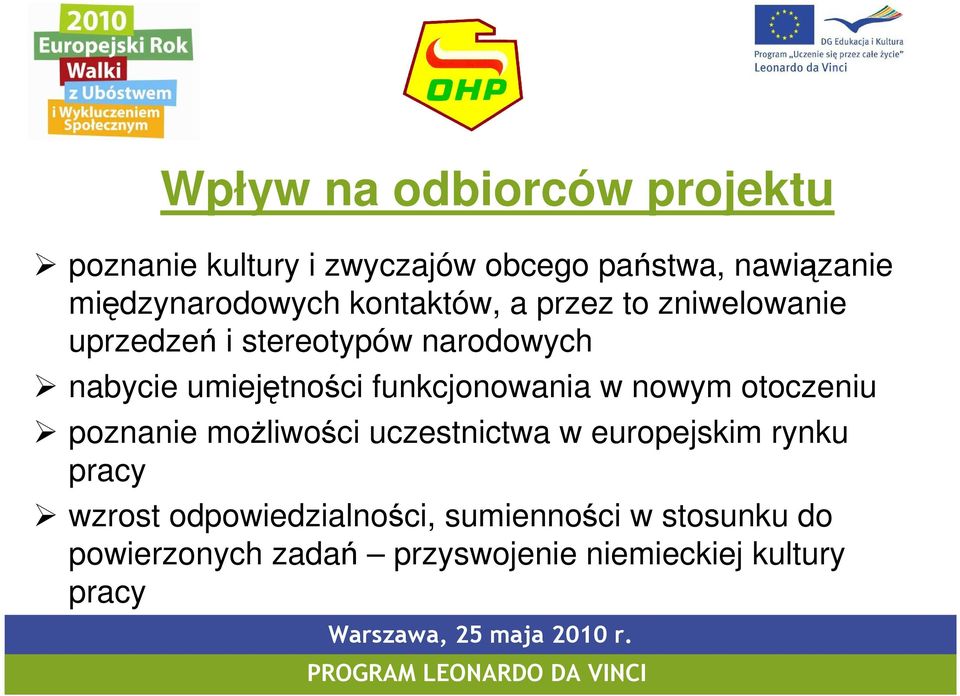 umiejętności funkcjonowania w nowym otoczeniu poznanie moŝliwości uczestnictwa w europejskim rynku