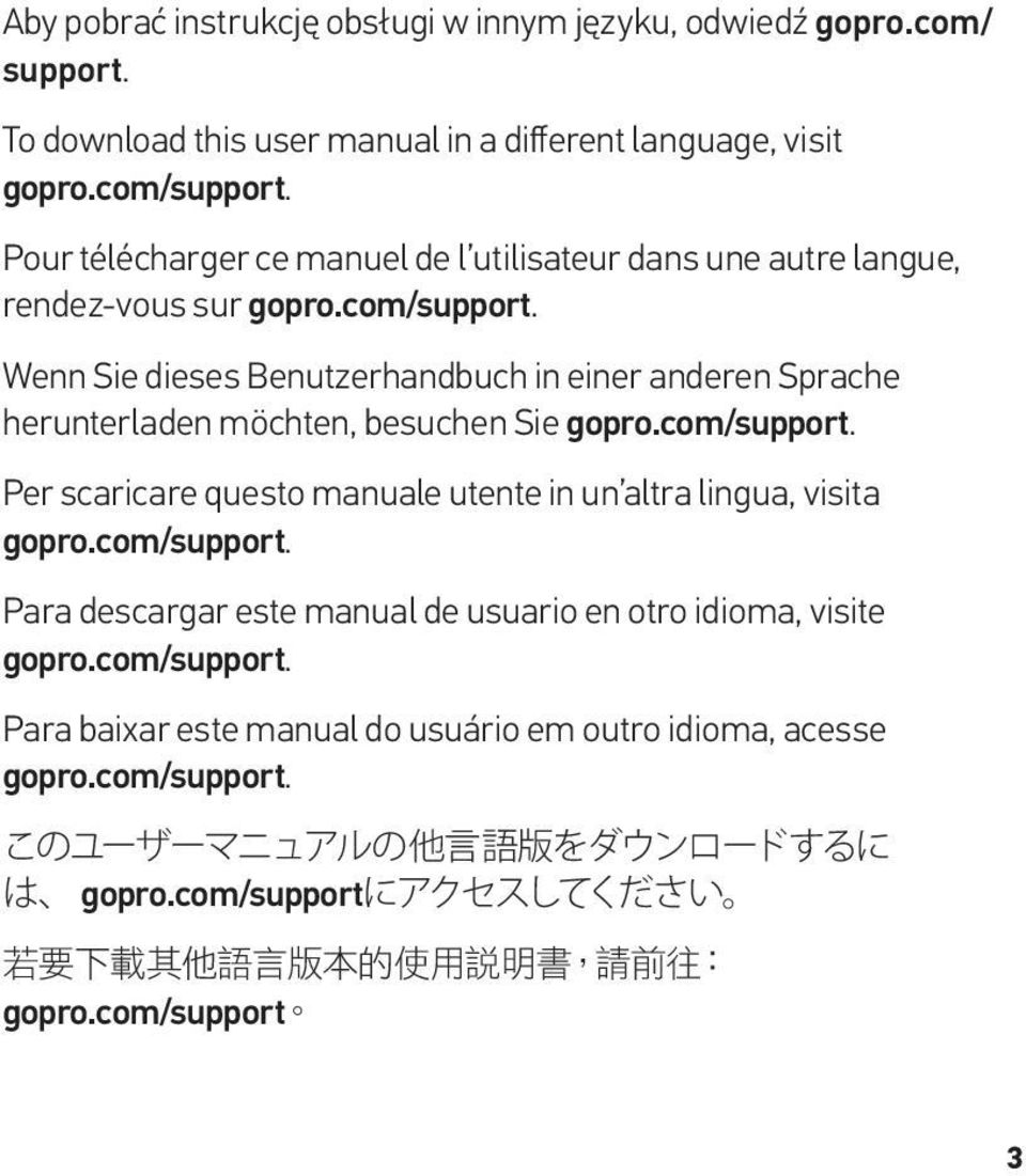 Wenn Sie dieses Benutzerhandbuch in einer anderen Sprache herunterladen möchten, besuchen Sie gopro.com/support. Per scaricare questo manuale utente in un altra lingua, visita gopro.