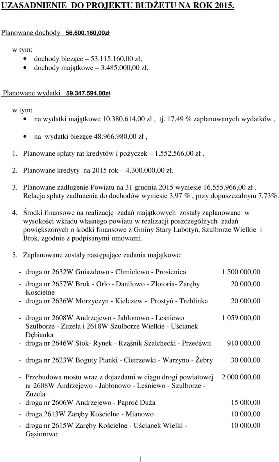 Planowane kredyty na 2015 rok 4.300.00 zł. 3. Planowane zadłużenie Powiatu na 31 grudnia 2015 wyniesie 16.555.966,00 zł.