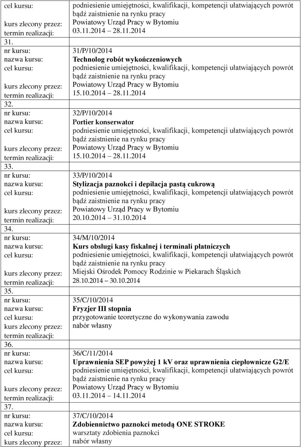 10.2014 30.10.2014 35/C/10/2014 Fryzjer III stopnia 36/C/11/2014 Uprawnienia SEP powyżej 1 kv oraz uprawnienia ciepłownicze G2/E 03.11.2014 14.11.2014 37/C/10/2014 Zdobiennictwo paznokci metodą ONE STROKE warsztaty zdobienia paznokci