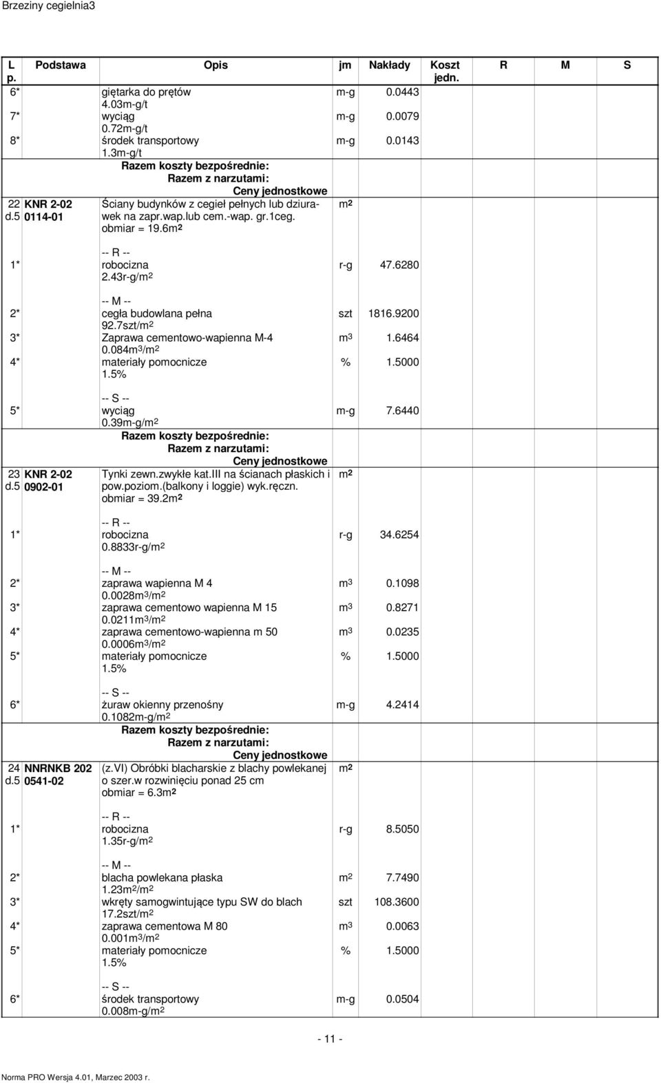 6464 2* cegła budowlana pełna 92.7szt/m 2 3* Zaprawa cementowo-wapienna M-4 0.084m 3 /m 2 4* materiały pomocnicze 5* wyciąg 0.39m-g/m 2 m-g 7.6440 23 KNR 2-02 d.5 0902-01 Tynki zewn.zwykłe kat.