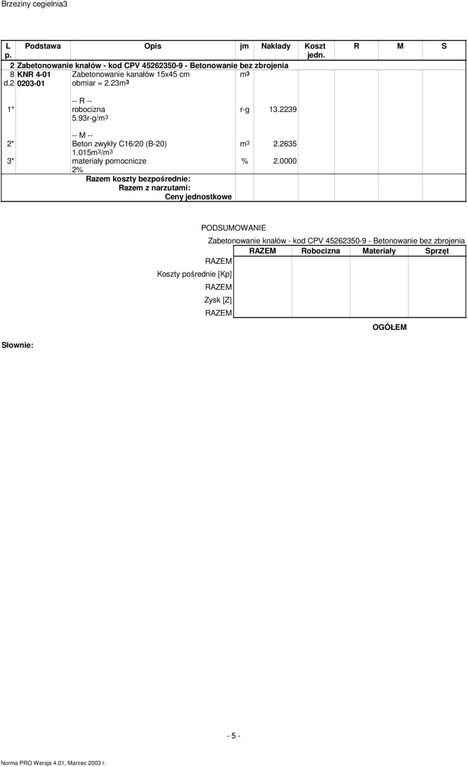 2635 2* Beton zwykły C16/20 (B-20) 1.015m 3 /m 3 3* materiały pomocnicze % 2.