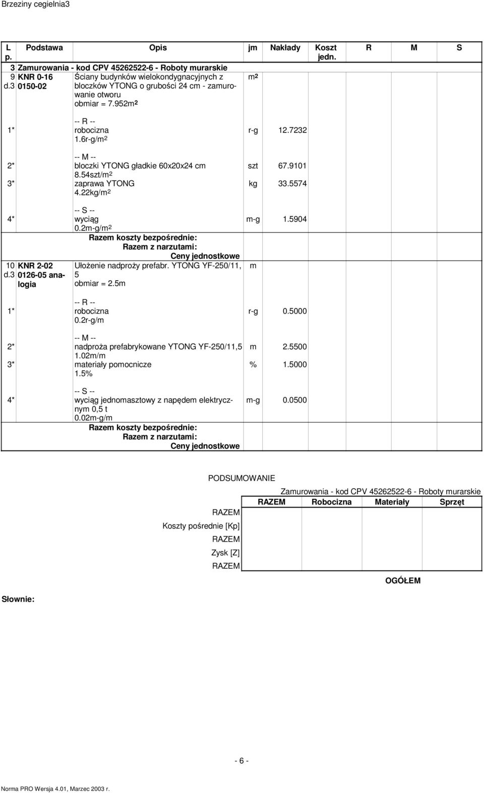 5574 4.22kg/m 2 4* wyciąg 0.2m-g/m 2 m-g 1.5904 10 KNR 2-02 d.3 0126-05 analogia Ułożenie nadproży prefabr. YTONG YF-250/11, 5 obmiar = 2.5m m 0.2r-g/m 2* nadproża prefabrykowane YTONG YF-250/11,5 1.