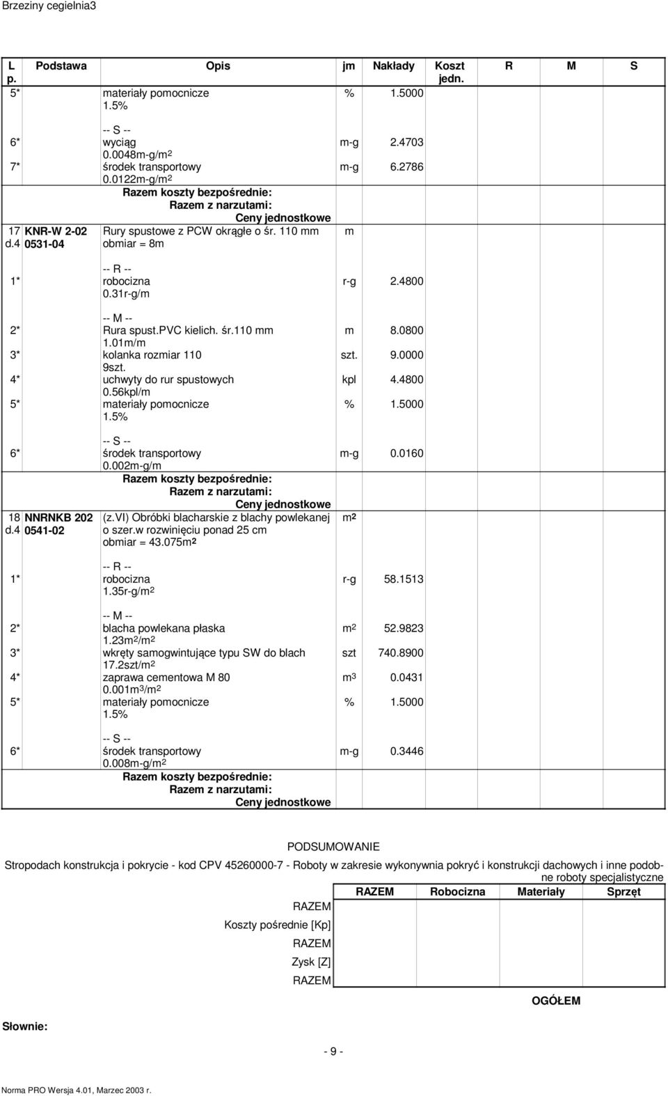 56kpl/m 5* materiały pomocnicze 6* środek transportowy 0.002m-g/m 18 NNRNKB 202 d.4 0541-02 (z.vi) Obróbki blacharskie z blachy powlekanej o szer.w rozwinięciu ponad 25 cm obmiar = 43.075m 2 r-g 2.