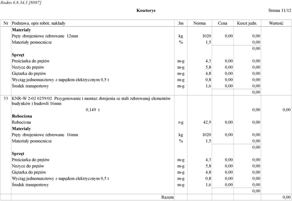 ze stali żebrowanej elementów budynków i budowli 16mm 0,149 t r-g 42,9 Pręty zbrojeniowe żebrowane 16mm kg 1020 pomocnicze % 1,5 Prościarka do prętów