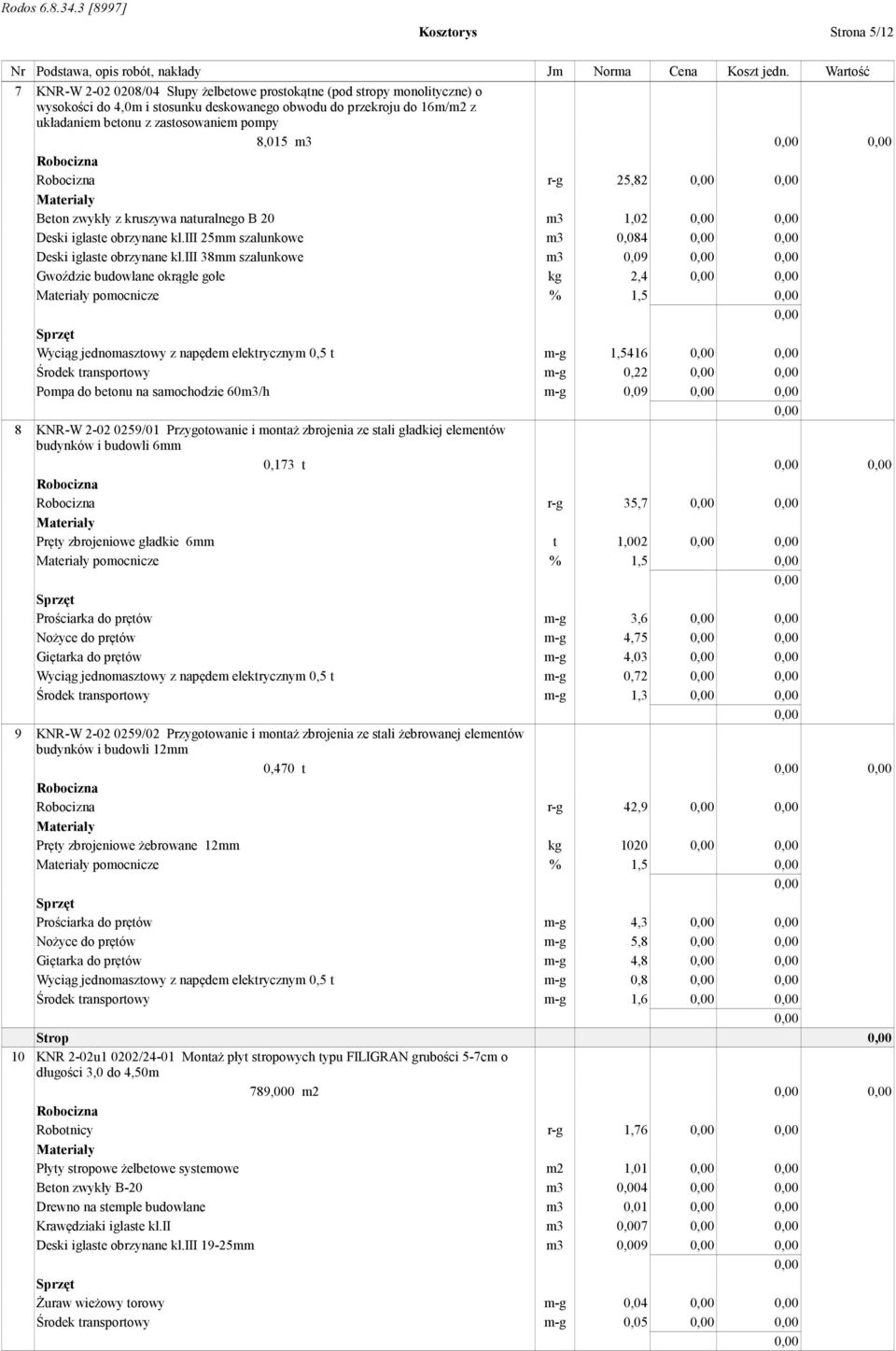 iii 38mm szalunkowe m3 0,09 Gwoździe budowlane okrągłe gołe kg 2,4 pomocnicze % 1,5 Wyciąg jednomasztowy z napędem elektrycznym 0,5 t m-g 1,5416 Środek transportowy m-g 0,22 Pompa do betonu na