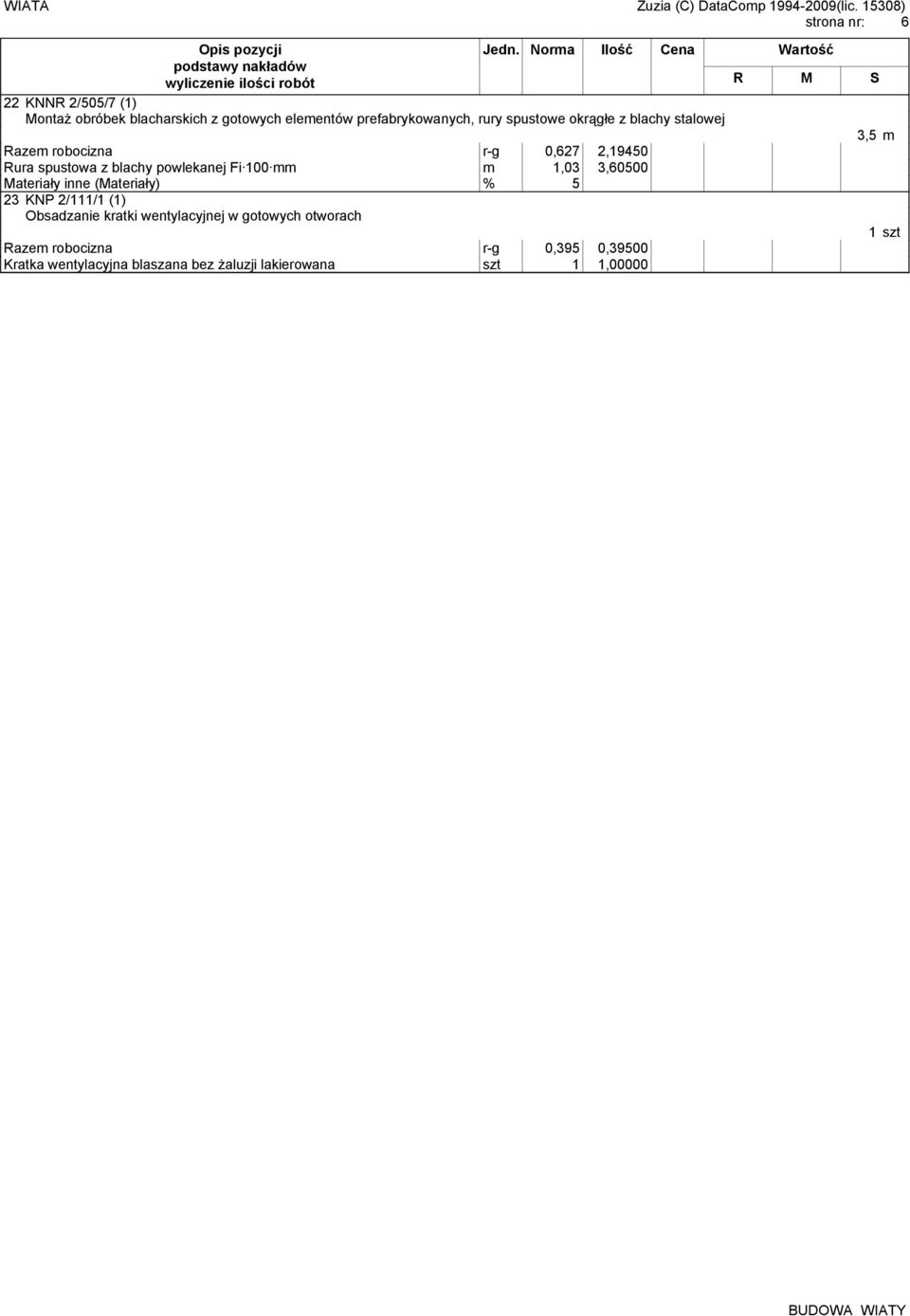 mm m 1,03 3,60500 Materiały inne (Materiały) % 5 23 KNP 2/111/1 (1) Obsadzanie kratki wentylacyjnej w gotowych