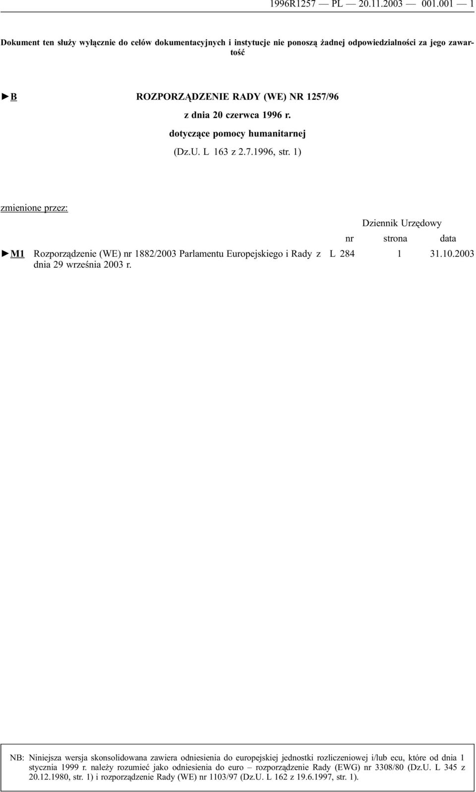 dotyczące pomocy humanitarnej (Dz.U. L 163 z 2.7.1996, str. 1) zmienione przez: M1 Rozporządzenie (WE) nr 1882/2003 Parlamentu Europejskiego i Rady z dnia 29 września 2003 r.