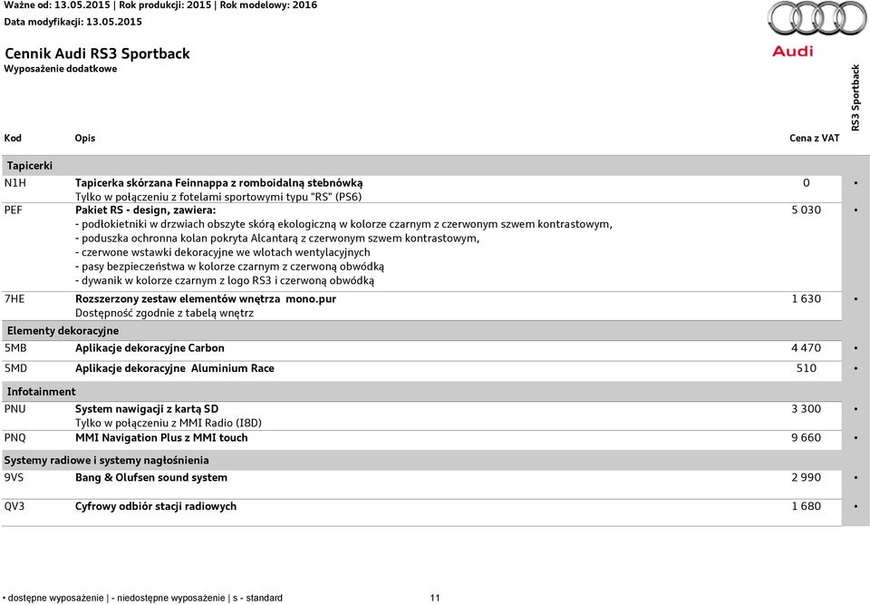 kontrastowym, - czerwone wstawki dekoracyjne we wlotach wentylacyjnych - pasy bezpieczeństwa w kolorze czarnym z czerwoną obwódką - dywanik w kolorze czarnym z logo RS3 i czerwoną obwódką Rozszerzony