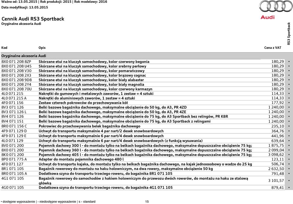 180,29 8X0 071 208 9D8 Skórzane etui na kluczyk samochodowy, kolor biały alabaster 180,29 8X0 071 208 2Y4 Skórzane etui na kluczyk samochodowy, kolor biały magnolia 180,29 8X0 071 208 70U Skórzane