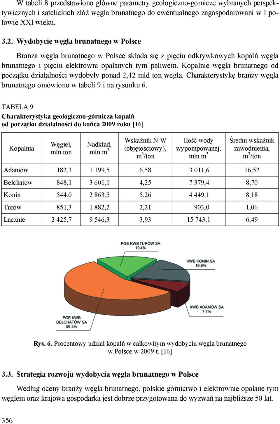 Kopalnie węgla brunatnego od początku działalności wydobyły ponad 2,42 mld ton węgla. Charakterystykę branży węgla brunatnego omówiono w tabeli 9 i na rysunku 6.