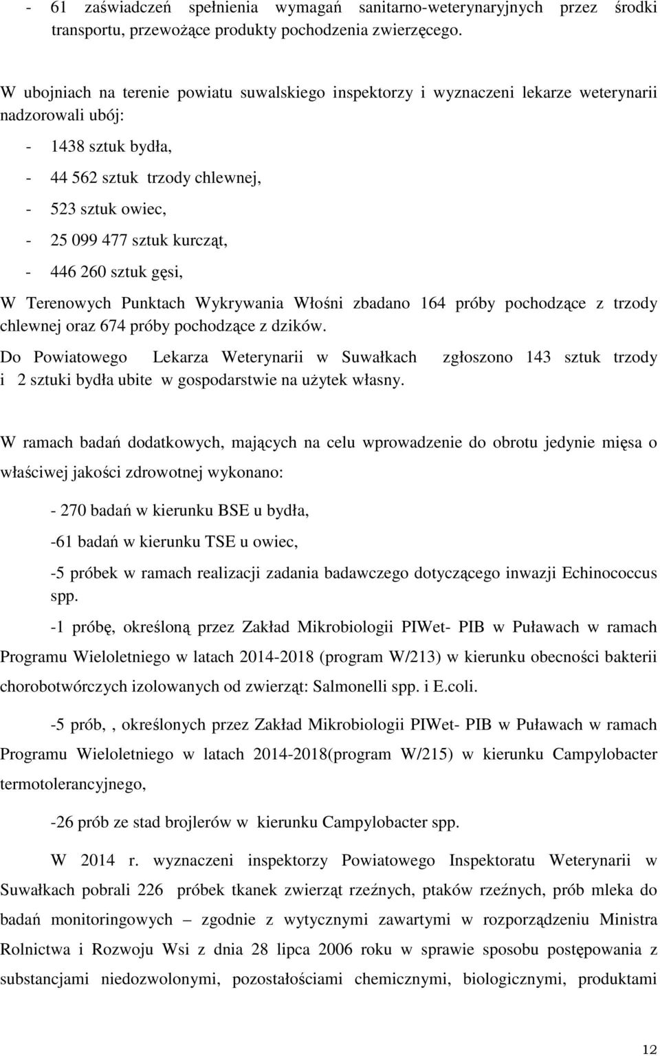 kurcząt, - 446 260 sztuk gęsi, W Terenowych Punktach Wykrywania Włośni zbadano 164 próby pochodzące z trzody chlewnej oraz 674 próby pochodzące z dzików.