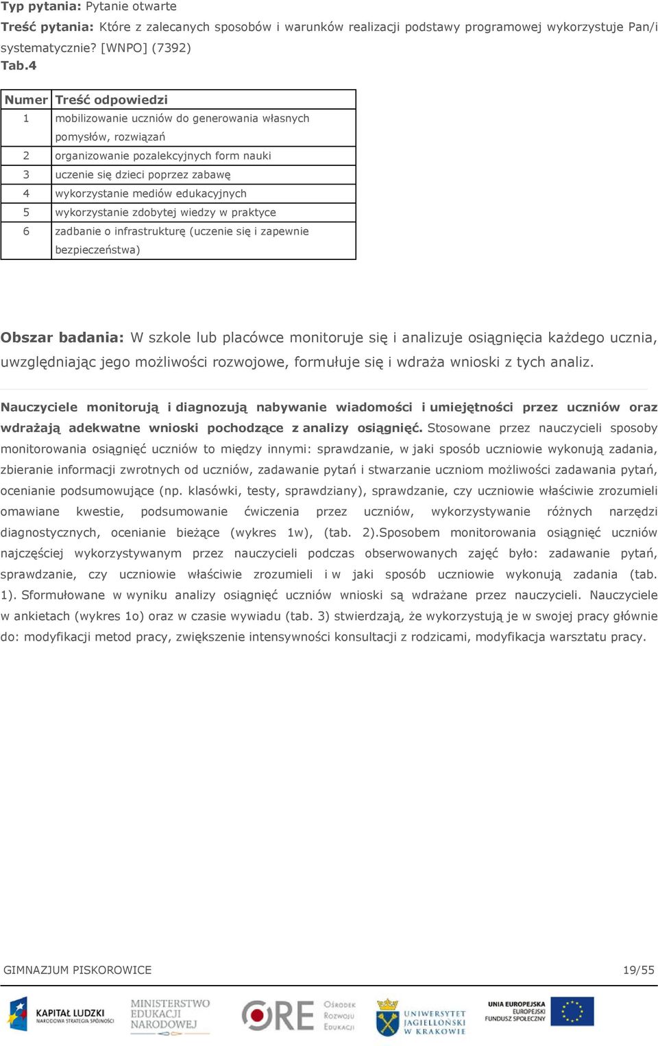 edukacyjnych 5 wykorzystanie zdobytej wiedzy w praktyce 6 zadbanie o infrastrukturę (uczenie się i zapewnie bezpieczeństwa) Obszar badania: W szkole lub placówce monitoruje się i analizuje