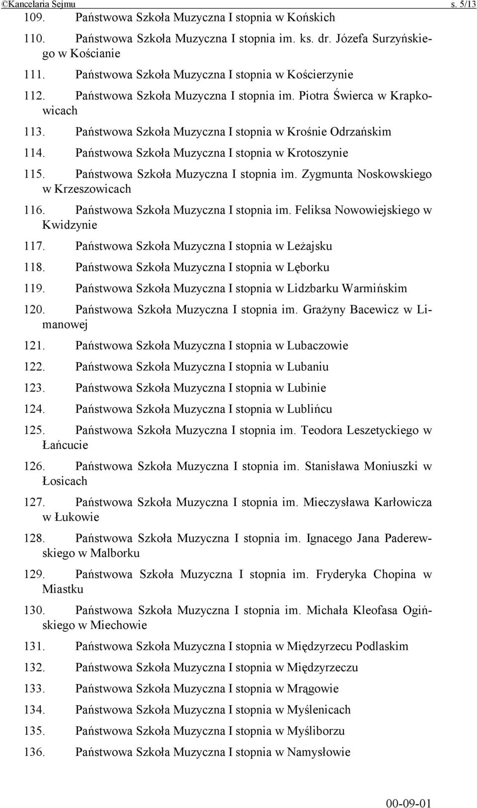 Państwowa Szkoła Muzyczna I stopnia w Krotoszynie 115. Państwowa Szkoła Muzyczna I stopnia im. Zygmunta Noskowskiego w Krzeszowicach 116. Państwowa Szkoła Muzyczna I stopnia im. Feliksa Nowowiejskiego w Kwidzynie 117.