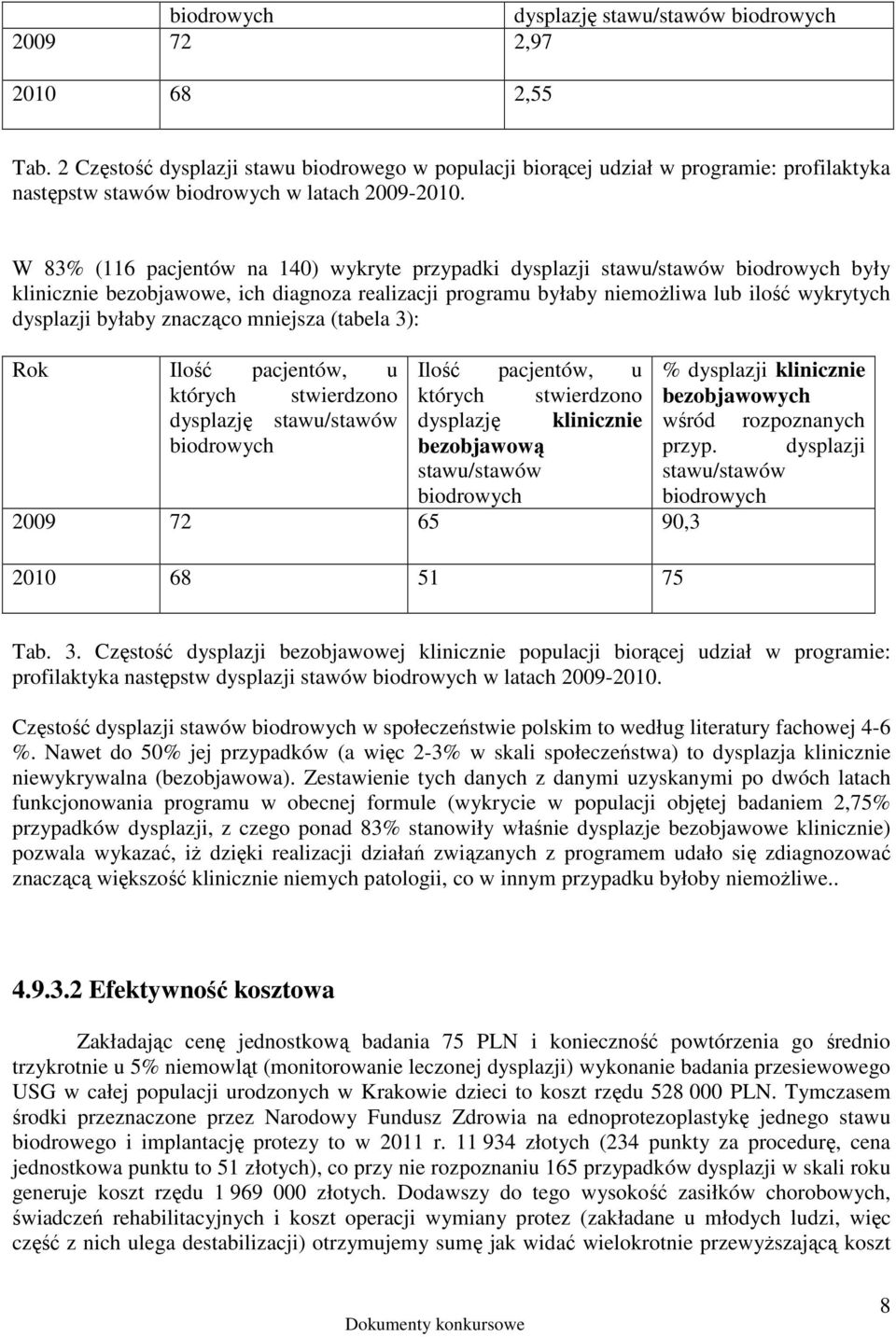 W 83% (116 pacjentów na 140) wykryte przypadki dysplazji stawu/stawów biodrowych były klinicznie bezobjawowe, ich diagnoza realizacji programu byłaby niemoŝliwa lub ilość wykrytych dysplazji byłaby