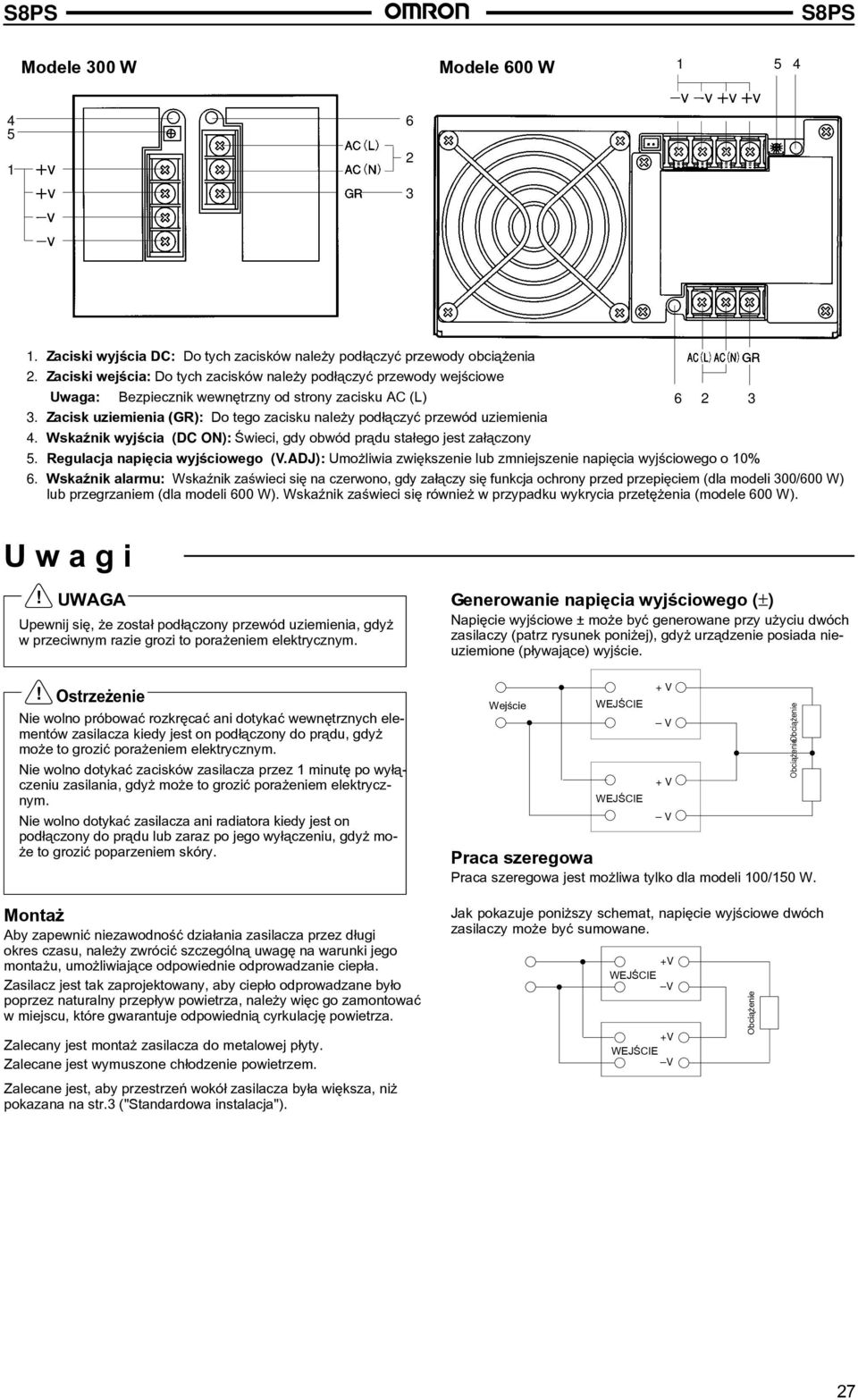 Zacisk uziemienia (GR): Do tego zacisku nale y pod³¹czyæ przewód uziemienia 4. WskaŸnik wyjœcia (DC ON): Œwieci, gdy obwód pr¹du sta³ego jest za³¹czony 5. Regulacja napiêcia wyjœciowego (V.