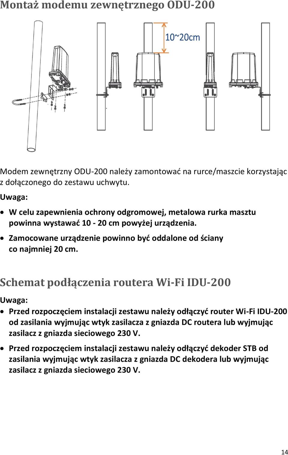 Zamocowane urządzenie powinno być oddalone od ściany co najmniej 20 cm.