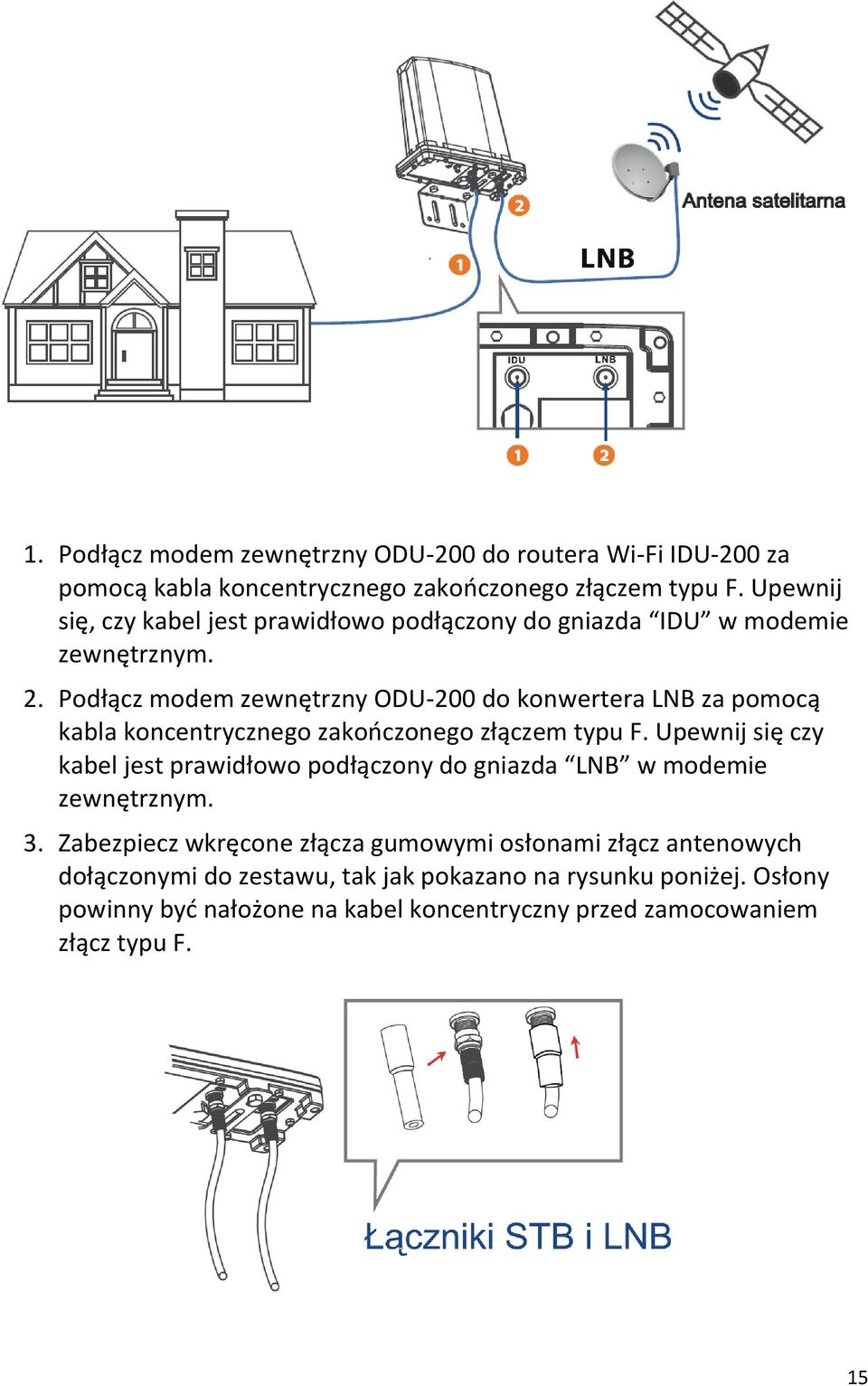 Podłącz modem zewnętrzny ODU-200 do konwertera LNB za pomocą kabla koncentrycznego zakończonego złączem typu F.