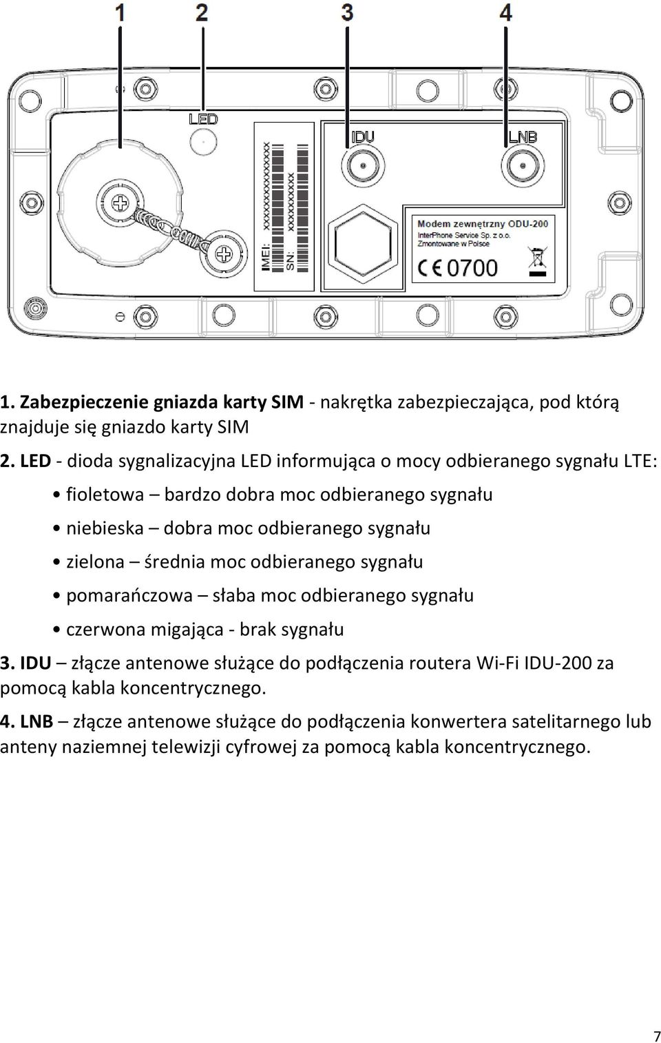 sygnału zielona średnia moc odbieranego sygnału pomarańczowa słaba moc odbieranego sygnału czerwona migająca - brak sygnału 3.