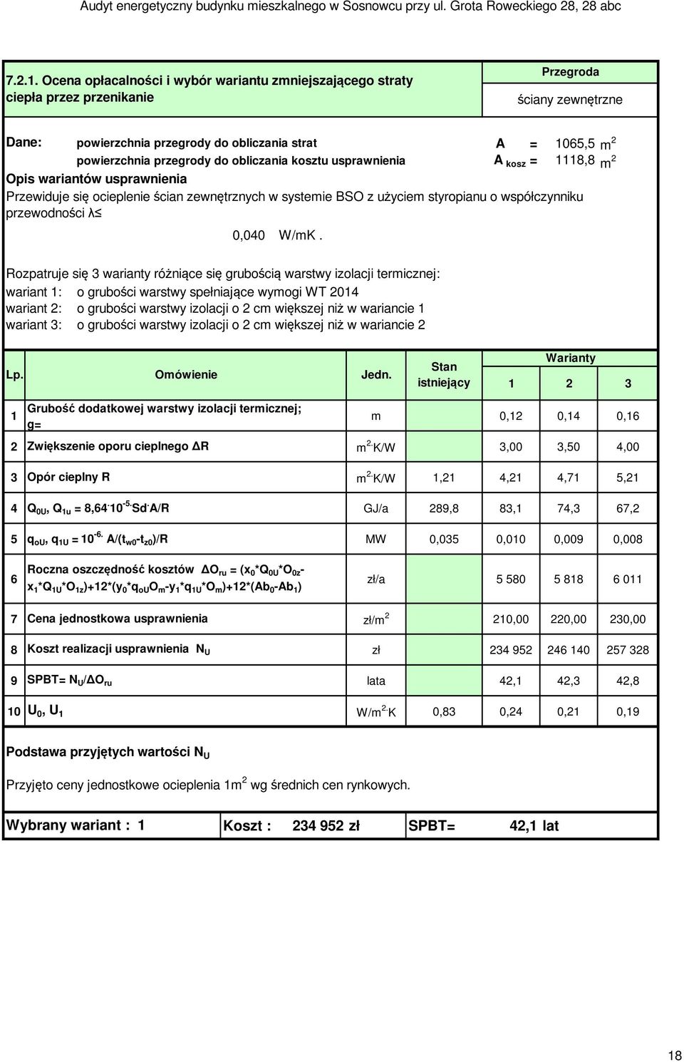 do obliczania kosztu usprawnienia A kosz = 1118,8 m 2 Opis wariantów usprawnienia Przewiduje się ocieplenie ścian zewnętrznych w systemie BSO z użyciem styropianu o współczynniku przewodności λ 0,040