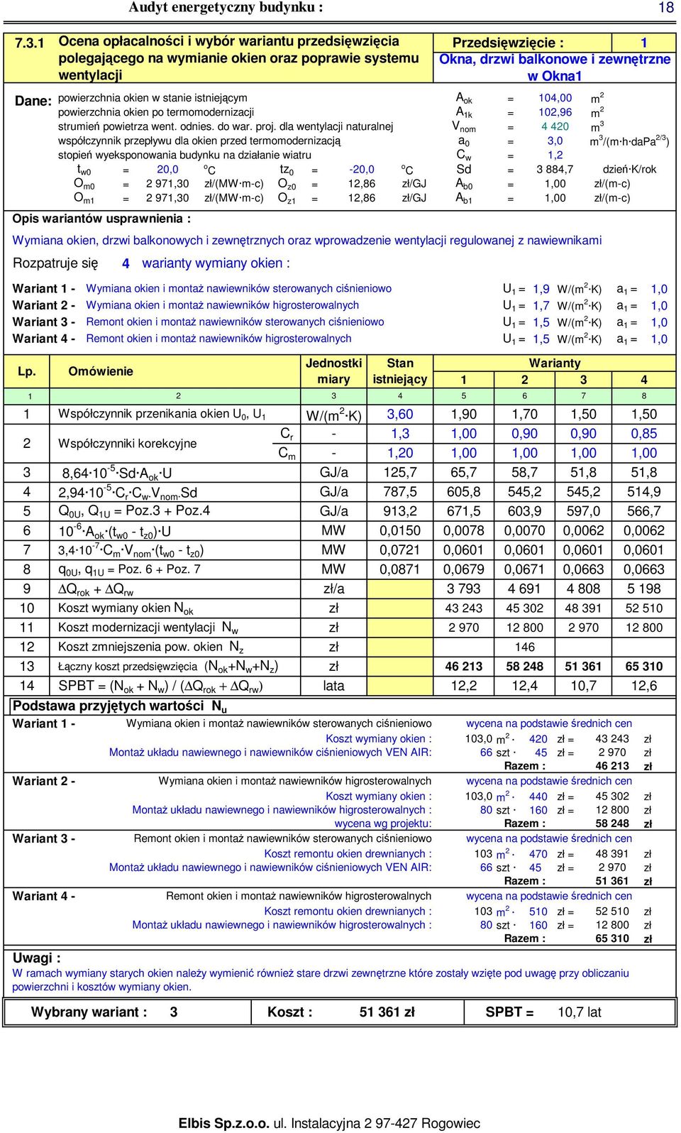 -0,0 o C Sd = 88, dzień K/rok O m0 =,0 zł/(mw m-c) O z0 =,8 zł/gj A b0 =,00 zł/(m-c) O m =,0 zł/(mw m-c) O z =,8 zł/gj A b =,00 zł/(m-c) Rozpatruje się warianty wymiany okien : Wariant - Wariant -