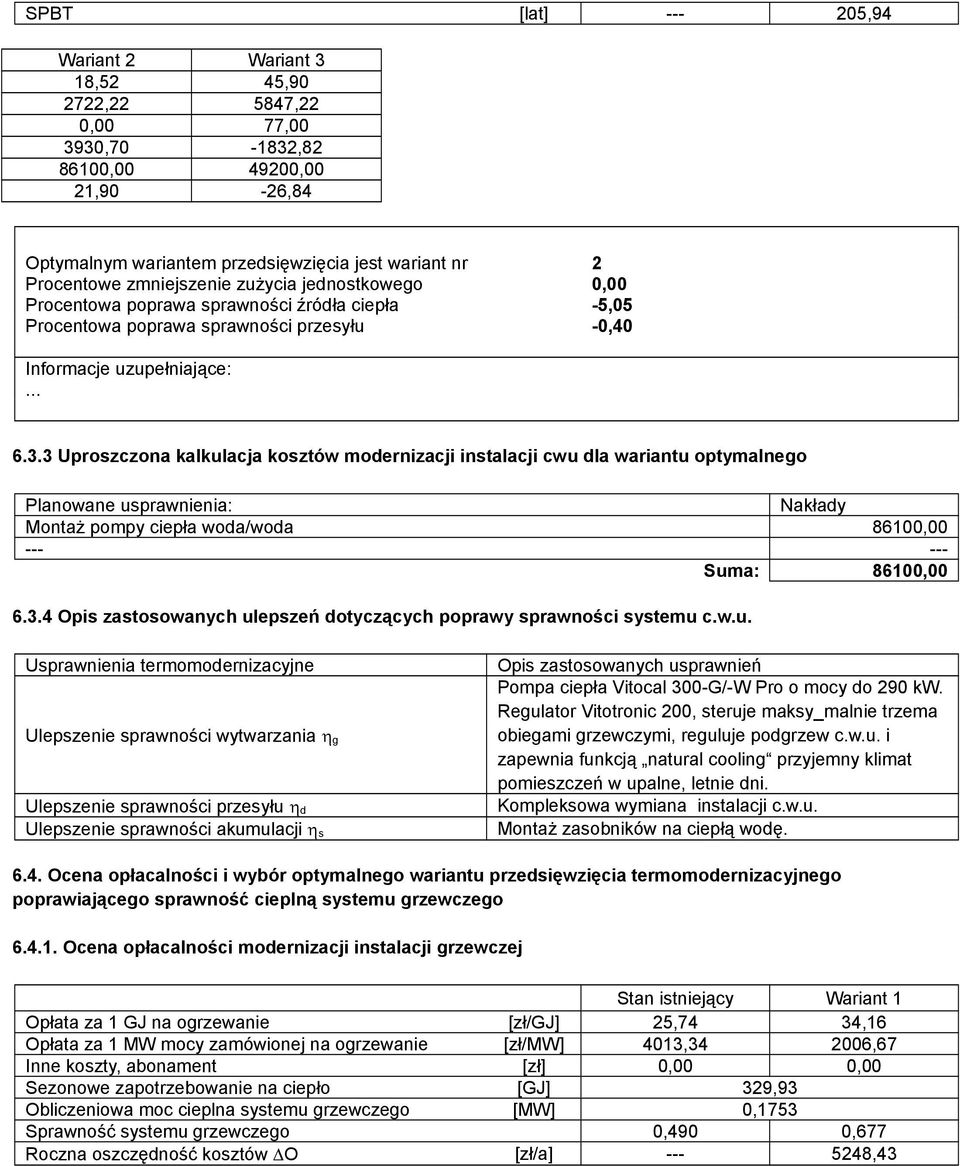 3 Uproszczona kalkulacja kosztów modernizacji instalacji cwu dla wariantu optymalnego Planowane usprawnienia: Nakłady Montaż pompy ciepła woda/woda 86100,00 --- --- Suma: 86100,00 6.3.4 Opis zastosowanych ulepszeń dotyczących poprawy sprawności systemu c.