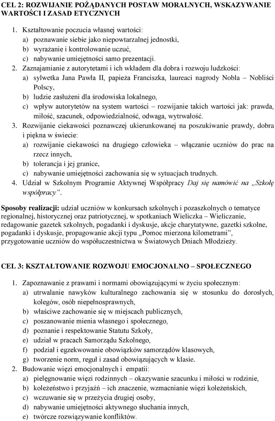 Zaznajamianie z autorytetami i ich wkładem dla dobra i rozwoju ludzkości: a) sylwetka Jana Pawła II, papieża Franciszka, laureaci nagrody Nobla Nobliści Polscy, b) ludzie zasłużeni dla środowiska