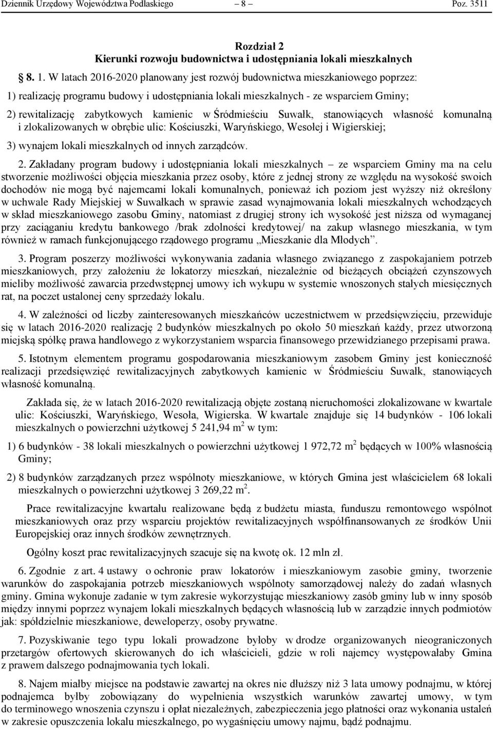 kamienic w Śródmieściu Suwałk, stanowiących własność komunalną i zlokalizowanych w obrębie ulic: Kościuszki, Waryńskiego, Wesołej i Wigierskiej; 3) wynajem lokali mieszkalnych od innych zarządców. 2.