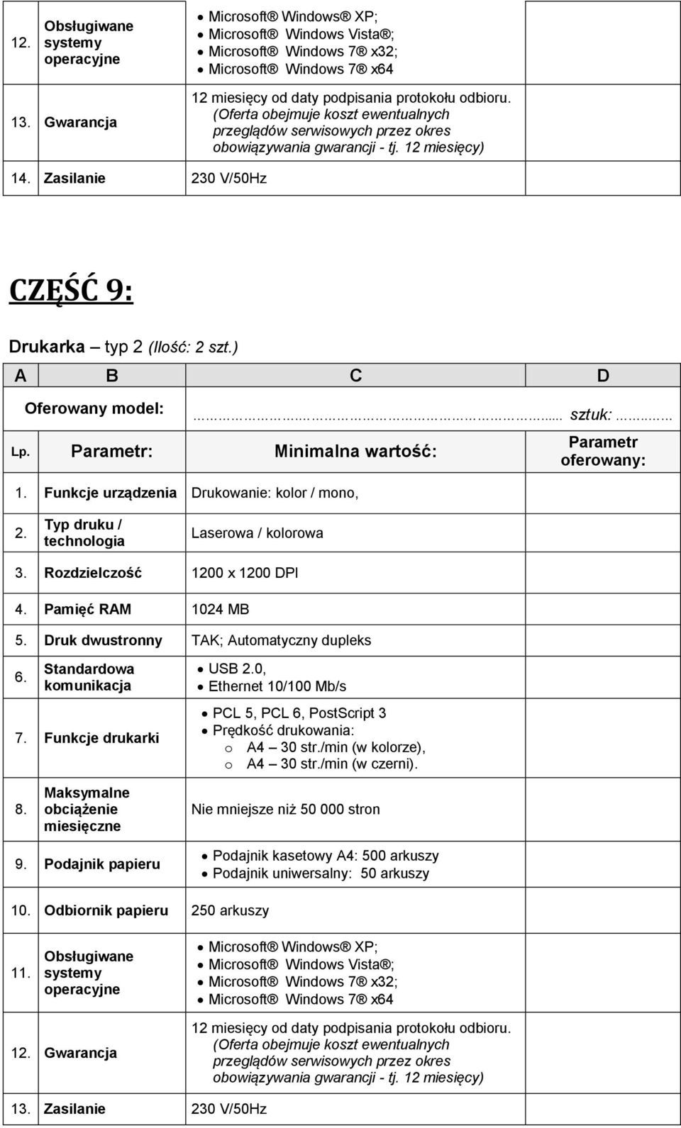 Typ druku / technologia Laserowa / kolorowa 3. Rozdzielczość 1200 x 1200 DPI 4. Pamięć RAM 1024 MB 5. Druk dwustronny TAK; Automatyczny dupleks 6. Standardowa komunikacja 7. Funkcje drukarki USB 2.