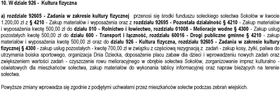 01008 - Melioracje wodne 4300 - Zakup usług pozostałych kwotę 500,00 zł do działu 600 - Transport i łączność, rozdziału 60016 - Drogi publiczne gminne 4210 - zakup materiałów i wyposażenia kwotę