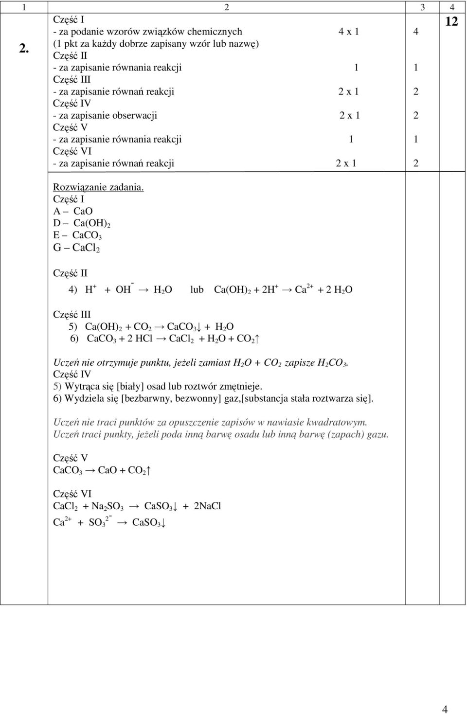 A CaO D Ca(O) E CaCO G CaCl I 4) + + O - O lub Ca(O) + + Ca + + O II 5) Ca(O) + CO CaCO + O 6) CaCO + Cl CaCl + O + CO Uczeń nie otrzymuje punktu, jeŝeli zamiast O + CO zapisze CO.