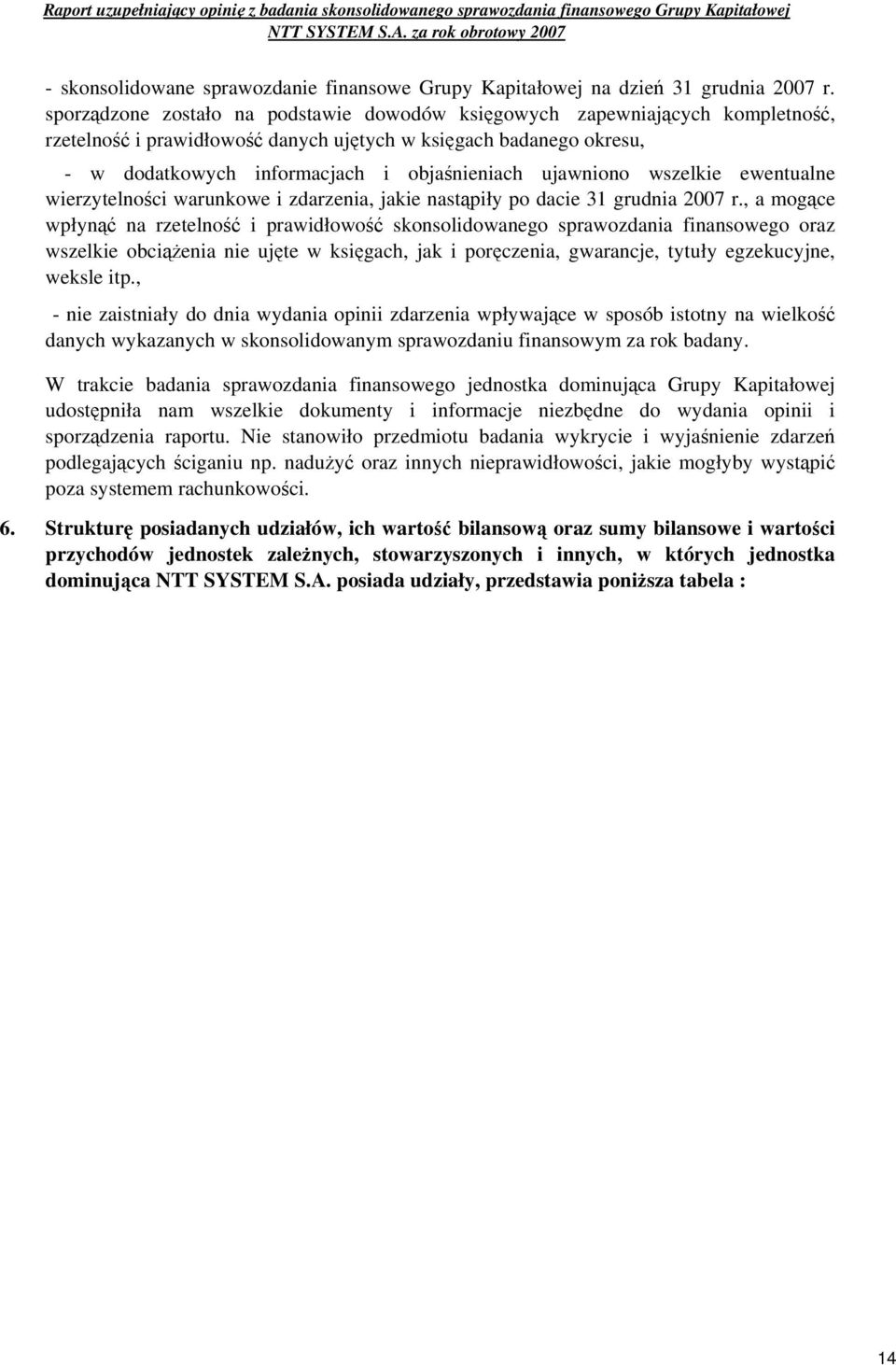 ujawniono wszelkie ewentualne wierzytelności warunkowe i zdarzenia, jakie nastąpiły po dacie 31 grudnia 2007 r.