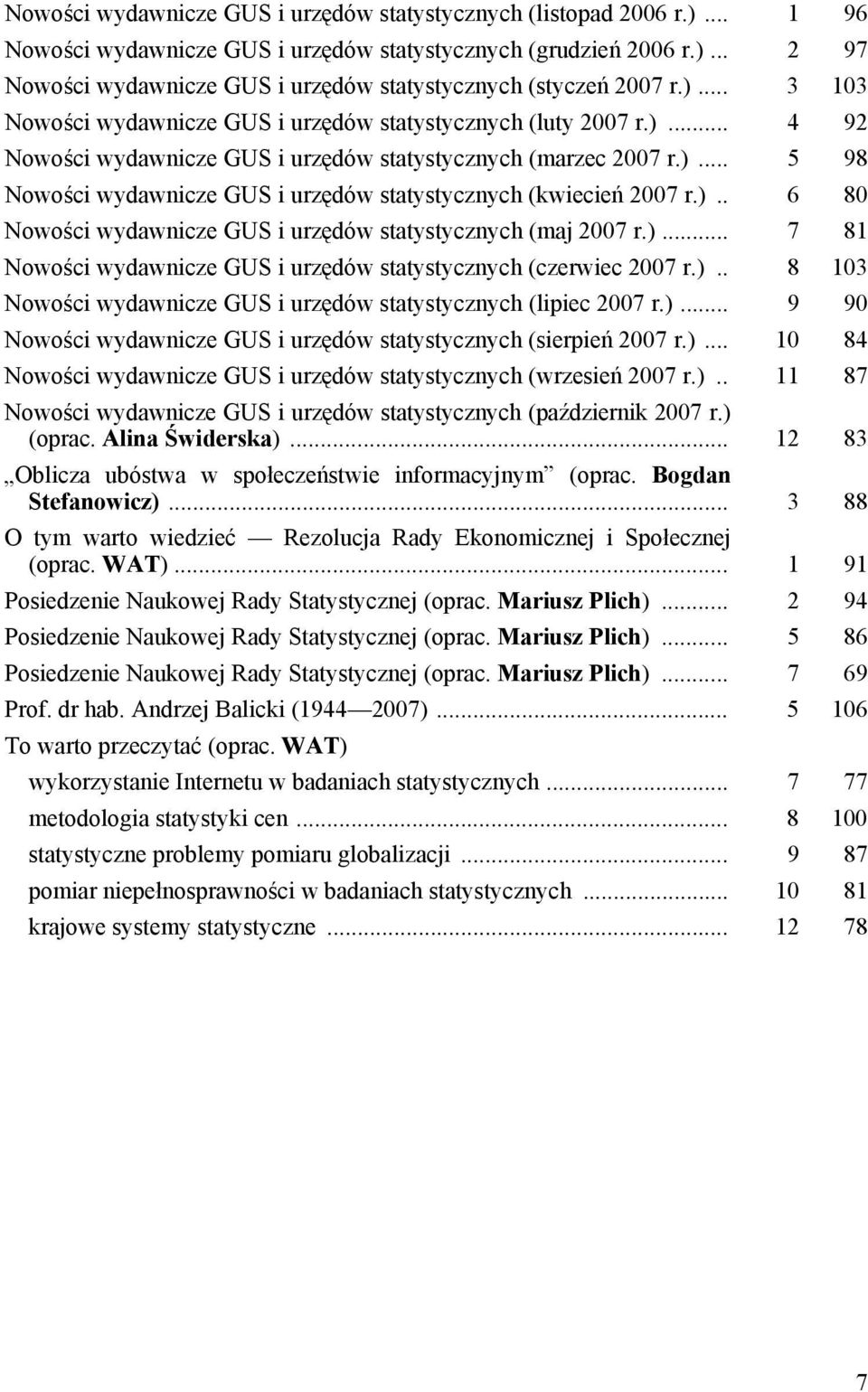 ).. 6 80 Nowości wydawnicze GUS i urzędów statystycznych (maj 2007 r.)... 7 81 Nowości wydawnicze GUS i urzędów statystycznych (czerwiec 2007 r.).. 8 103 Nowości wydawnicze GUS i urzędów statystycznych (lipiec 2007 r.