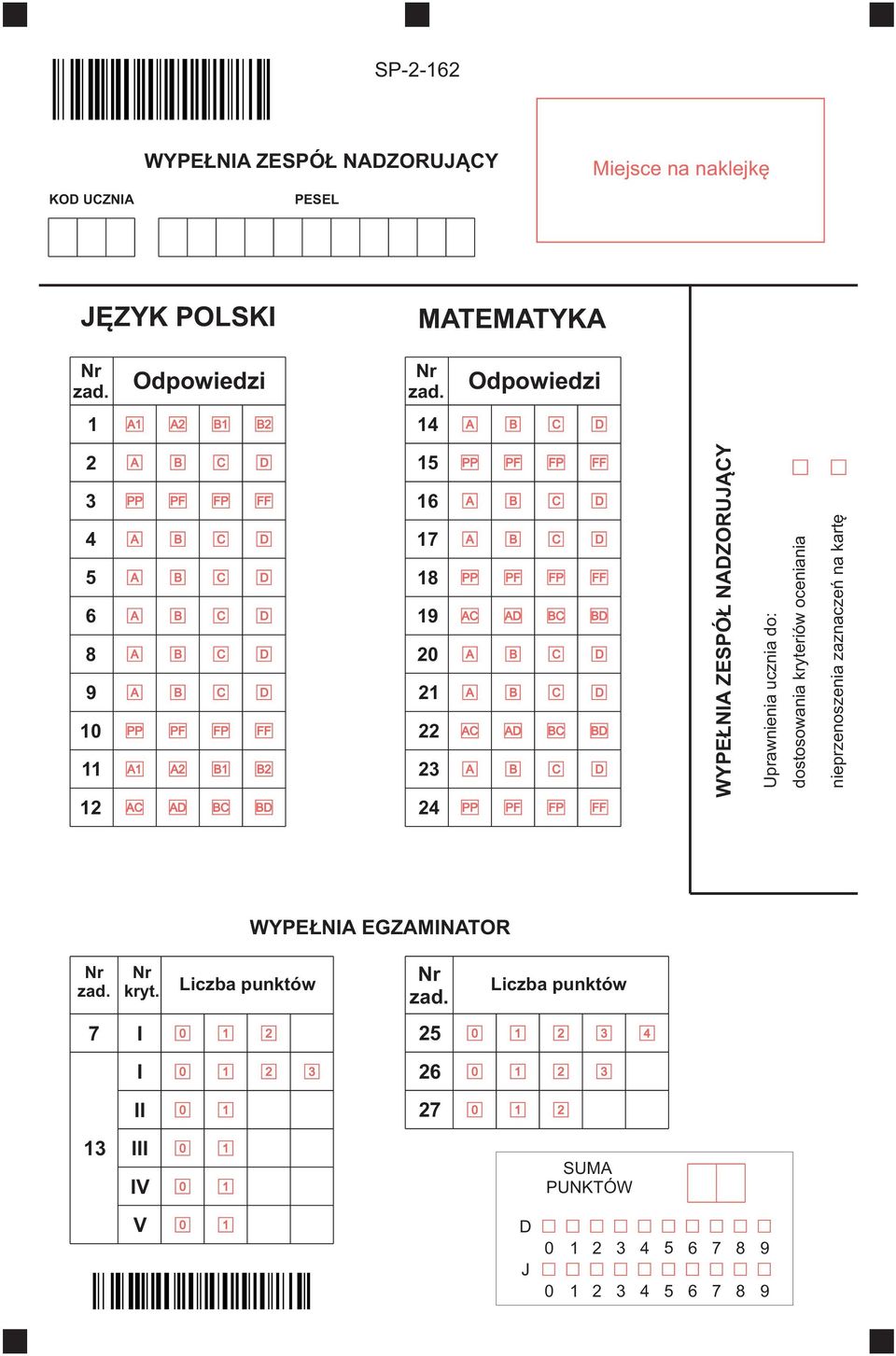 NZORUJĄY Uprawnienia ucznia do: dostosowania kryteriów oceniania nieprzenoszenia zaznaczeń na kartę WYPEŁNI EGZMINTOR Nr zad.