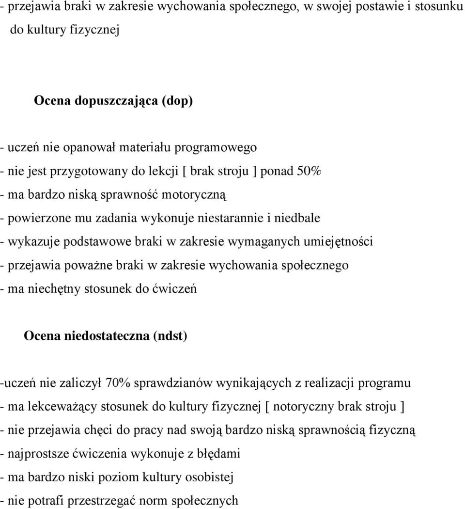 przejawia poważne braki w zakresie wychowania społecznego - ma niechętny stosunek do ćwiczeń Ocena niedostateczna (ndst) -uczeń nie zaliczył 70% sprawdzianów wynikających z realizacji programu - ma