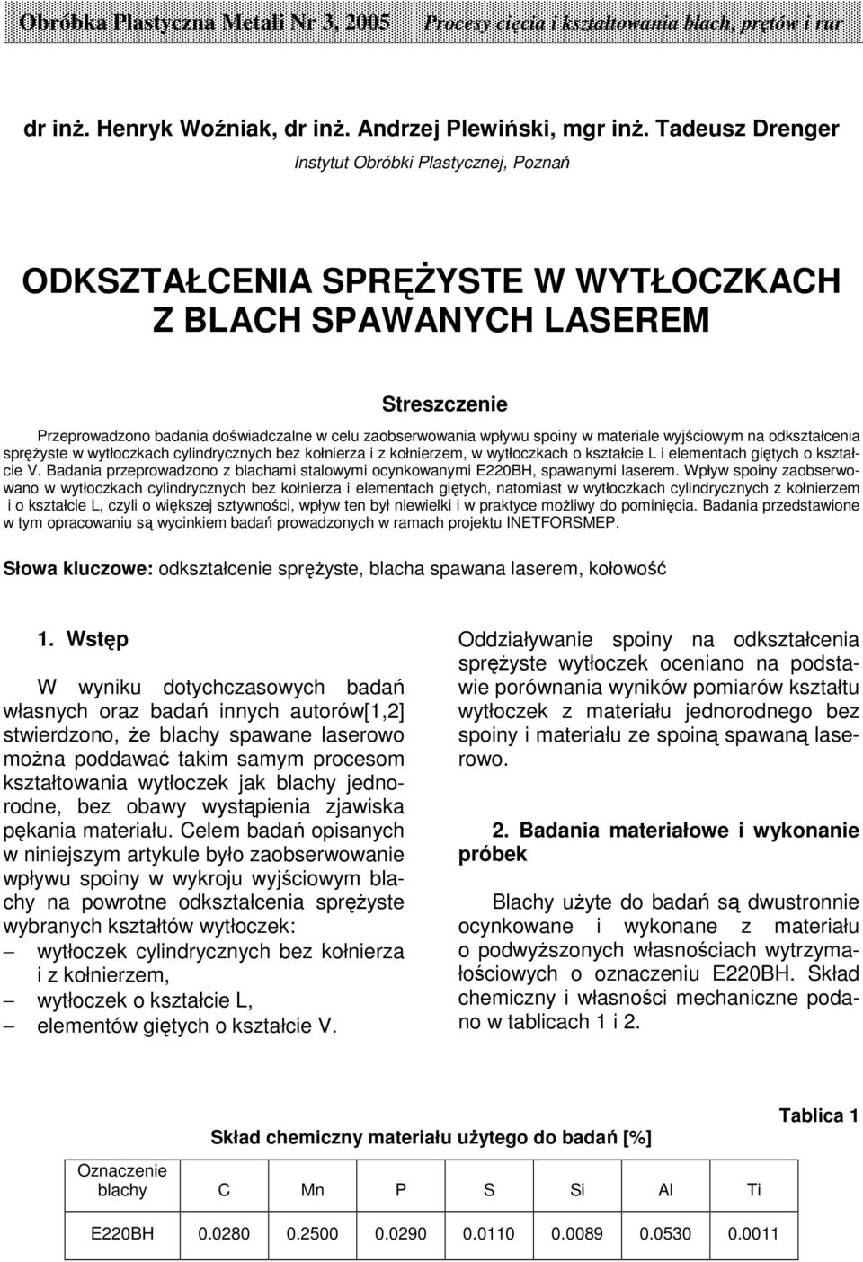 w materiale wyjciowym na odkształcenia spryste w wytłoczkach cylindrycznych bez kołnierza i z kołnierzem, w wytłoczkach o kształcie L i elementach gitych o kształcie V.