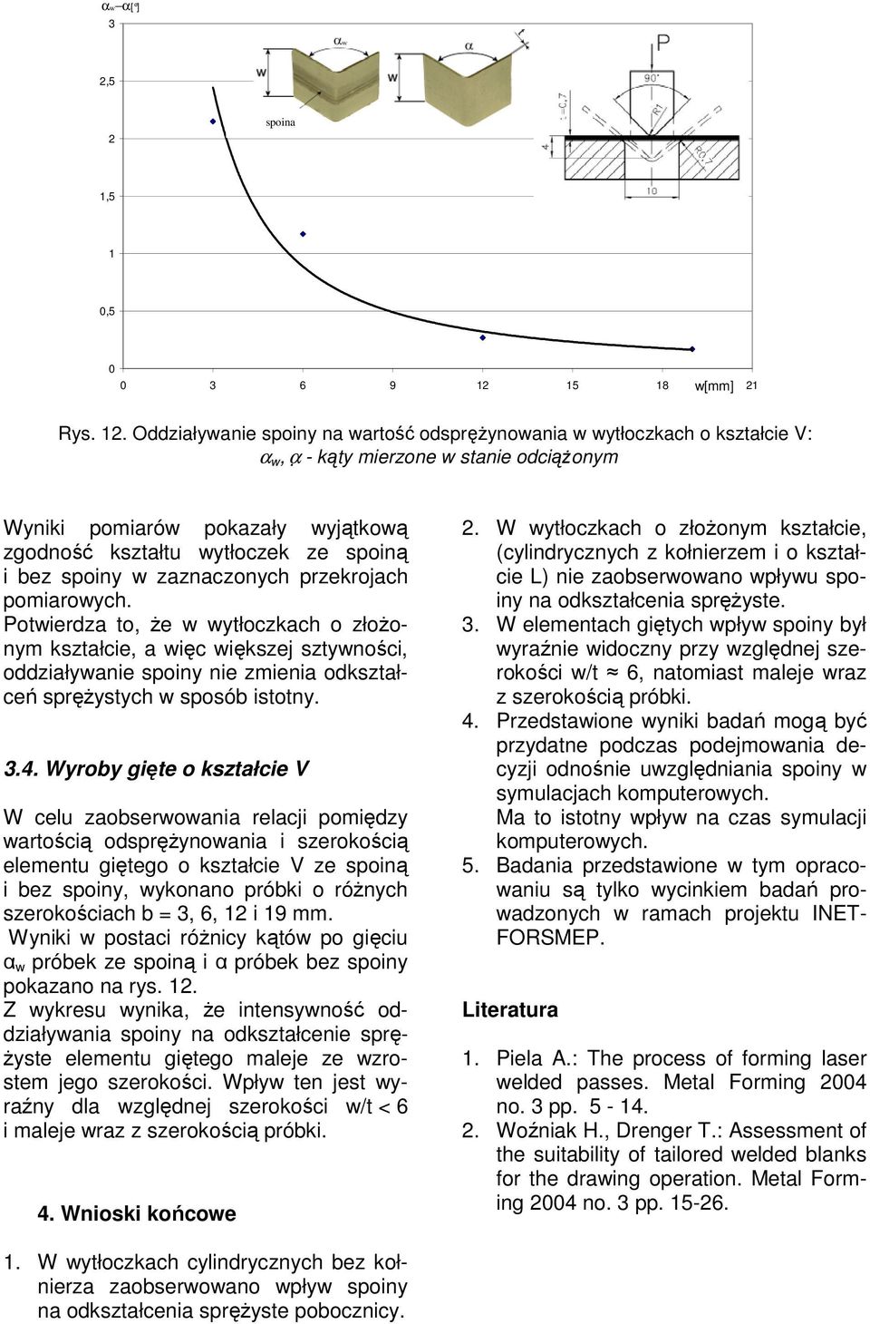 Oddziaływanie spoiny na warto odsprynowania w wytłoczkach o kształcie V: α w, α - kty mierzone w stanie odcionym Wyniki pomiarów pokazały wyjtkow zgodno kształtu wytłoczek ze spoin i bez spoiny w