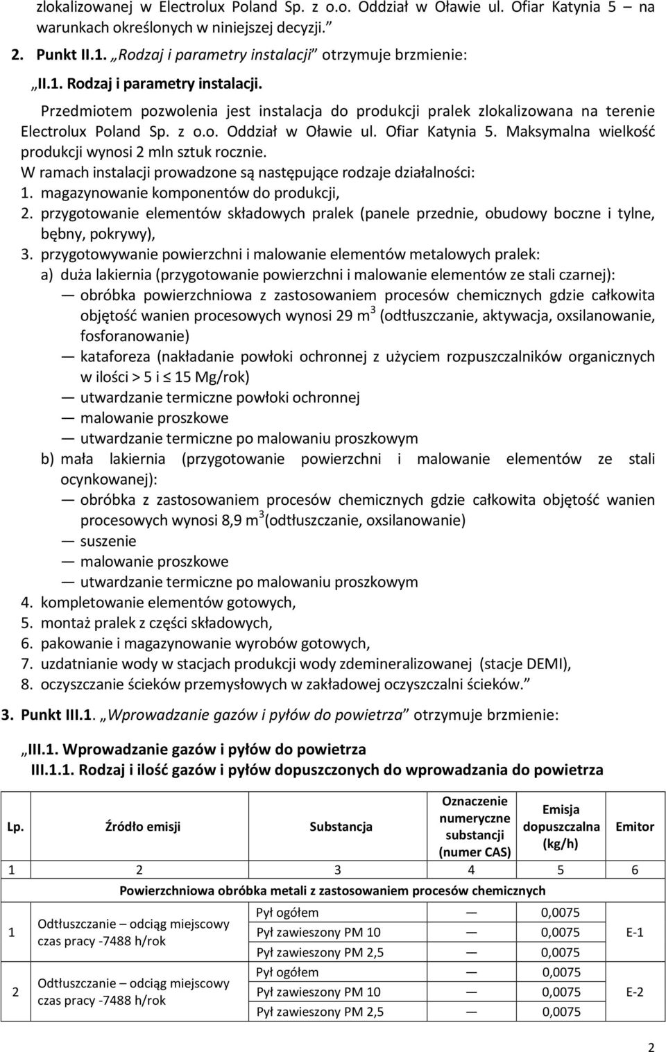 Maksymalna wielkość produkcji wynosi 2 mln sztuk rocznie. W ramach instalacji prowadzone są następujące rodzaje działalności: 1. magazynowanie komponentów do produkcji, 2.