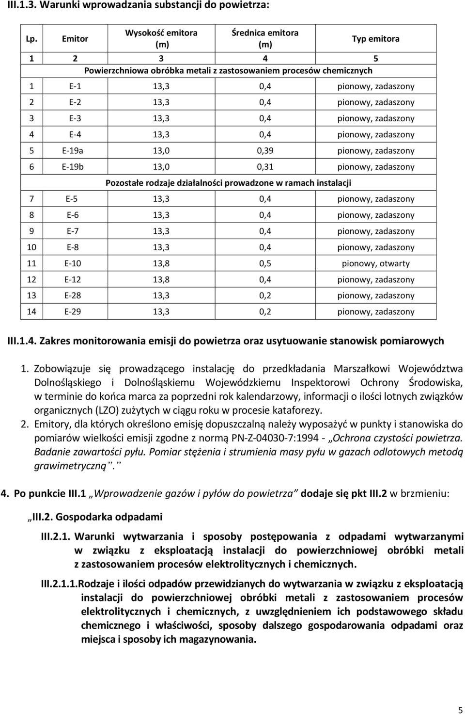 zadaszony 3 E-3 13,3 0,4 pionowy, zadaszony 4 E-4 13,3 0,4 pionowy, zadaszony 5 E-19a 13,0 0,39 pionowy, zadaszony 6 E-19b 13,0 0,31 pionowy, zadaszony Pozostałe rodzaje działalności prowadzone w