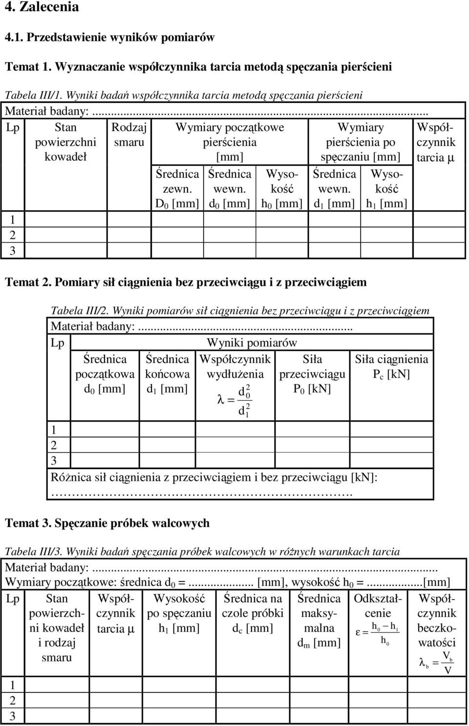 .. Lp Stan powierzchni kowadeł Rodzaj smaru Wymiary pocztkowe piercienia [mm] Wymiary piercienia po spczaniu [mm] Współczynnik tarcia µ 1 3 rednica zewn. D 0 [mm] rednica wewn.