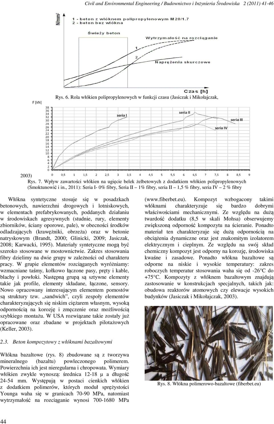 , 2011): Seria I- 0% fibry, Seria II 1% fibry, seria II 1,5 % fibry, seria IV 2 % fibry Włókna syntetyczne stosuje się w posadzkach betonowych, nawierzchni drogowych i lotniskowych, w elementach