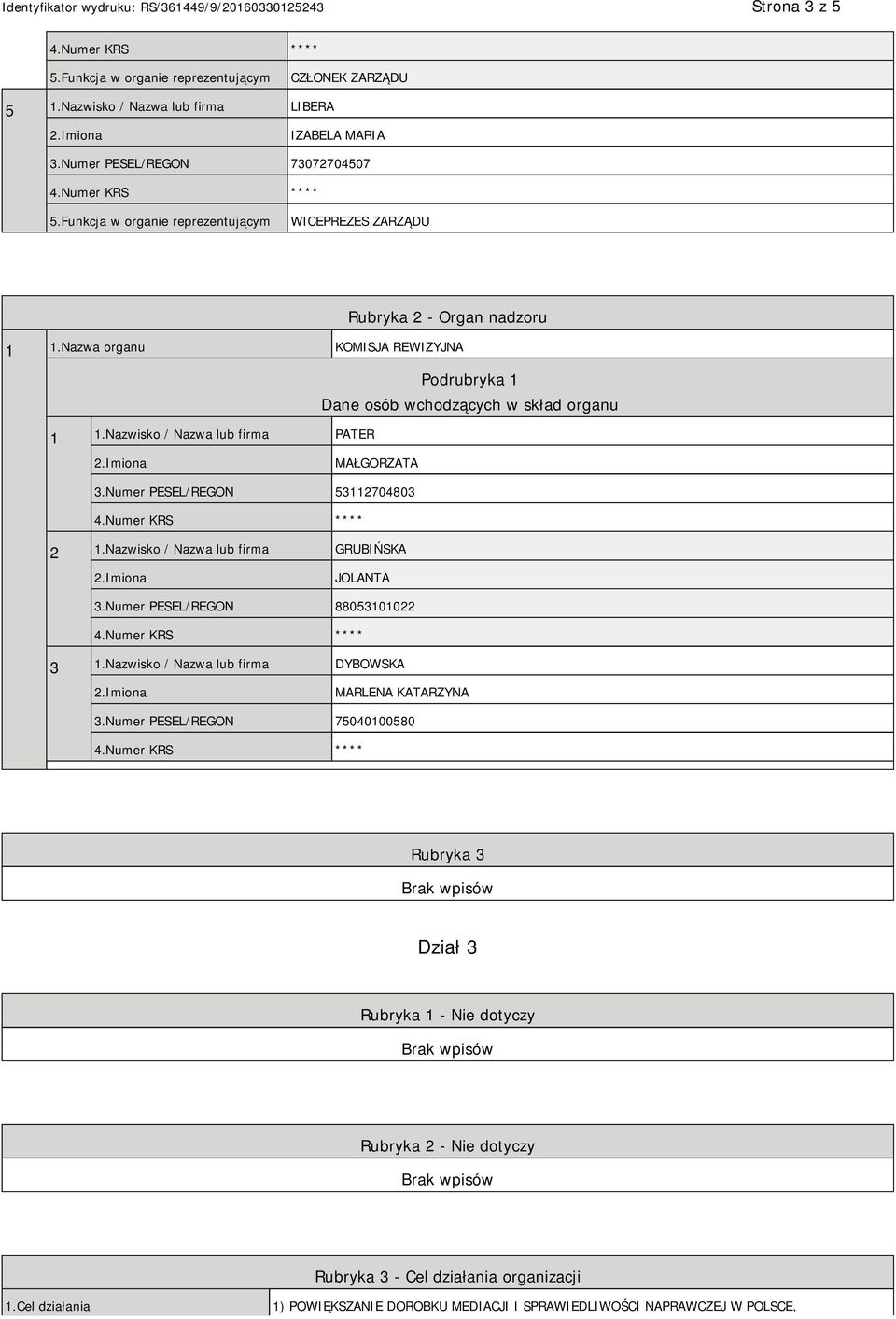 Nazwisko / Nazwa lub firma GRUBIŃSKA JOLANTA 3.Numer PESEL/REGON 88053101022 3 1.Nazwisko / Nazwa lub firma DYBOWSKA MARLENA KATARZYNA 3.