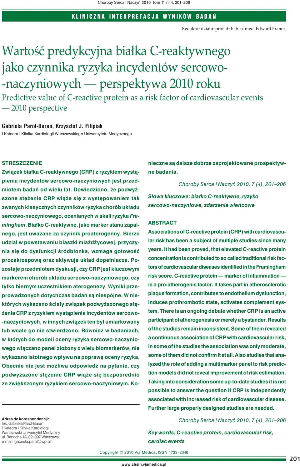 cardiovascular events 2010 perspective Gabriela Parol-Baran, Krzysztof J.