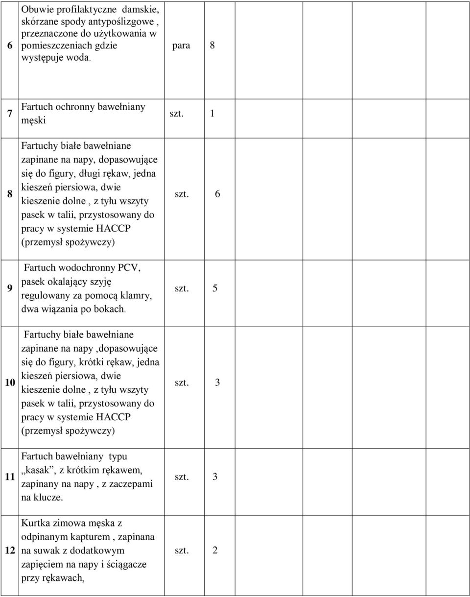 wszyty pasek w talii, przystosowany do pracy w systemie HACCP (przemysł spożywczy) Fartuch wodochronny PCV, pasek okalający szyję regulowany za pomocą klamry, dwa wiązania po bokach.