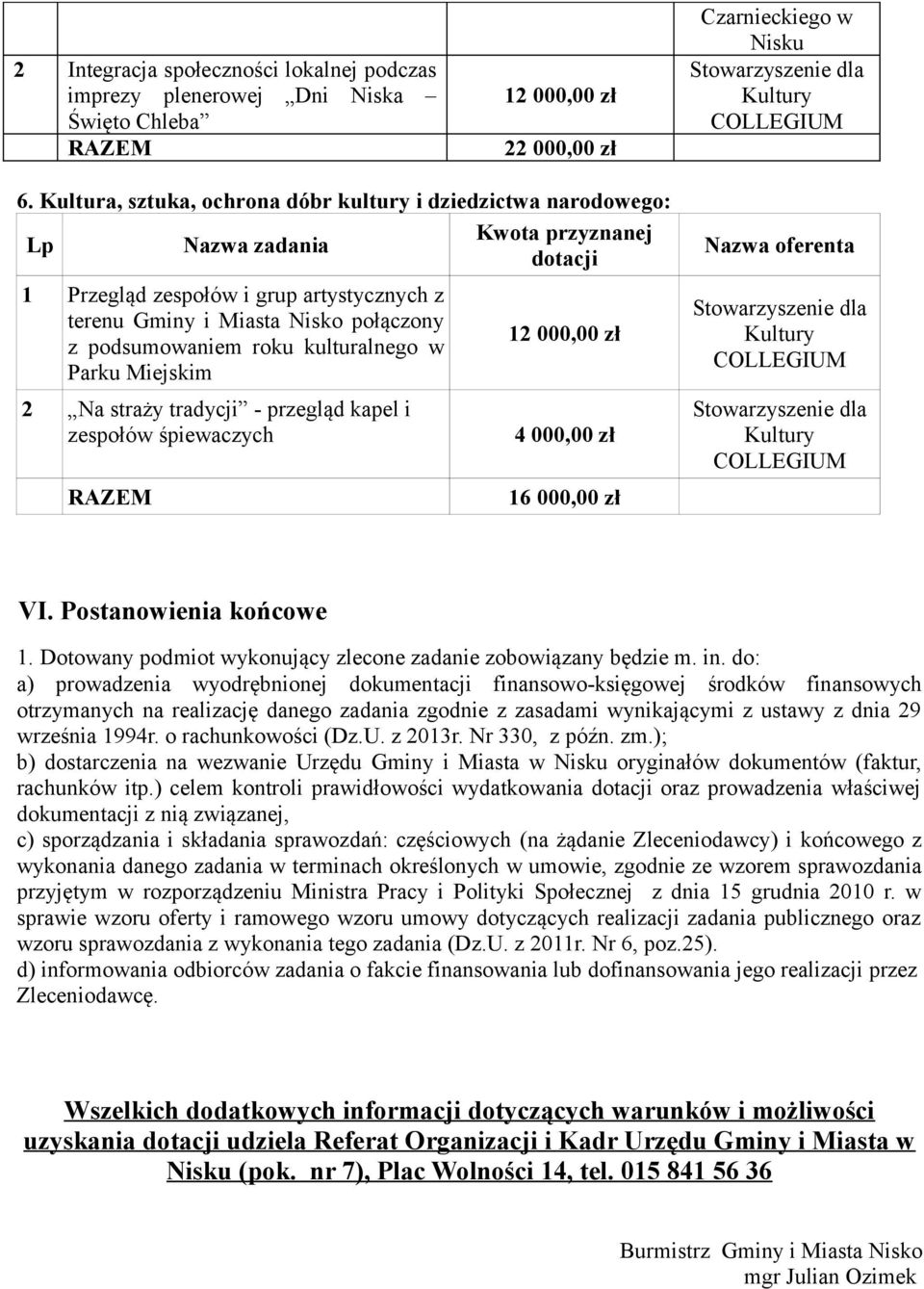 kulturalnego w Parku Miejskim 2 Na straży tradycji - przegląd kapel i zespołów śpiewaczych 16 000,00 zł Nazwa oferenta VI. Postanowienia końcowe 1.