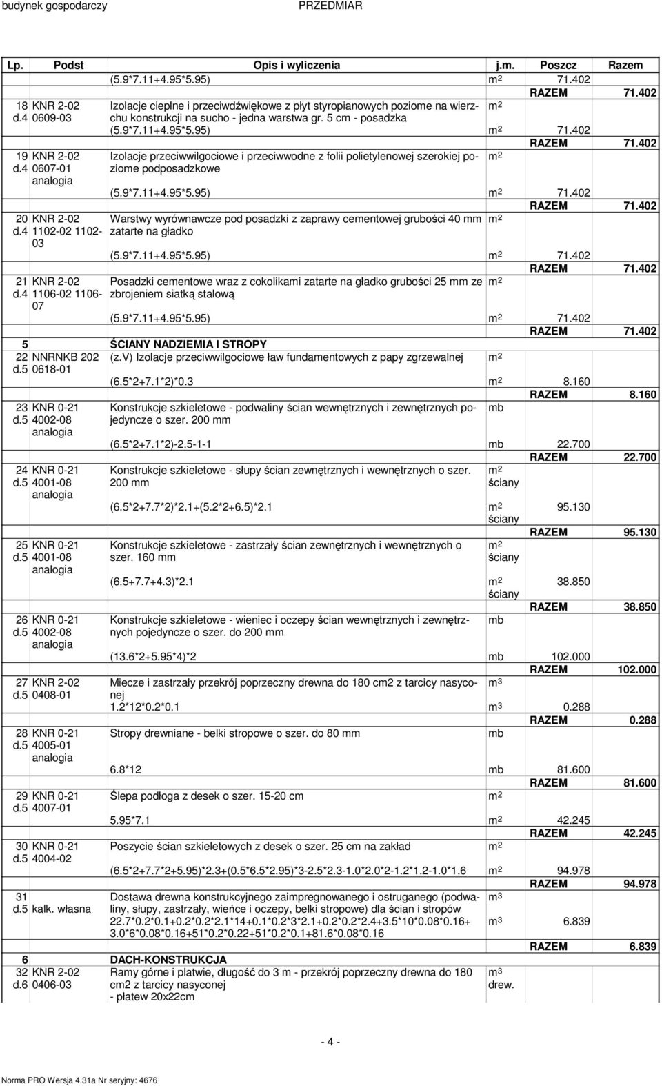 4 1106-02 1106-07 Izolacje przeciwwilgociowe i przeciwwodne z folii polietylenowej szerokiej pozioe podposadzkowe (5.9*7.11+4.95*5.95) 71.